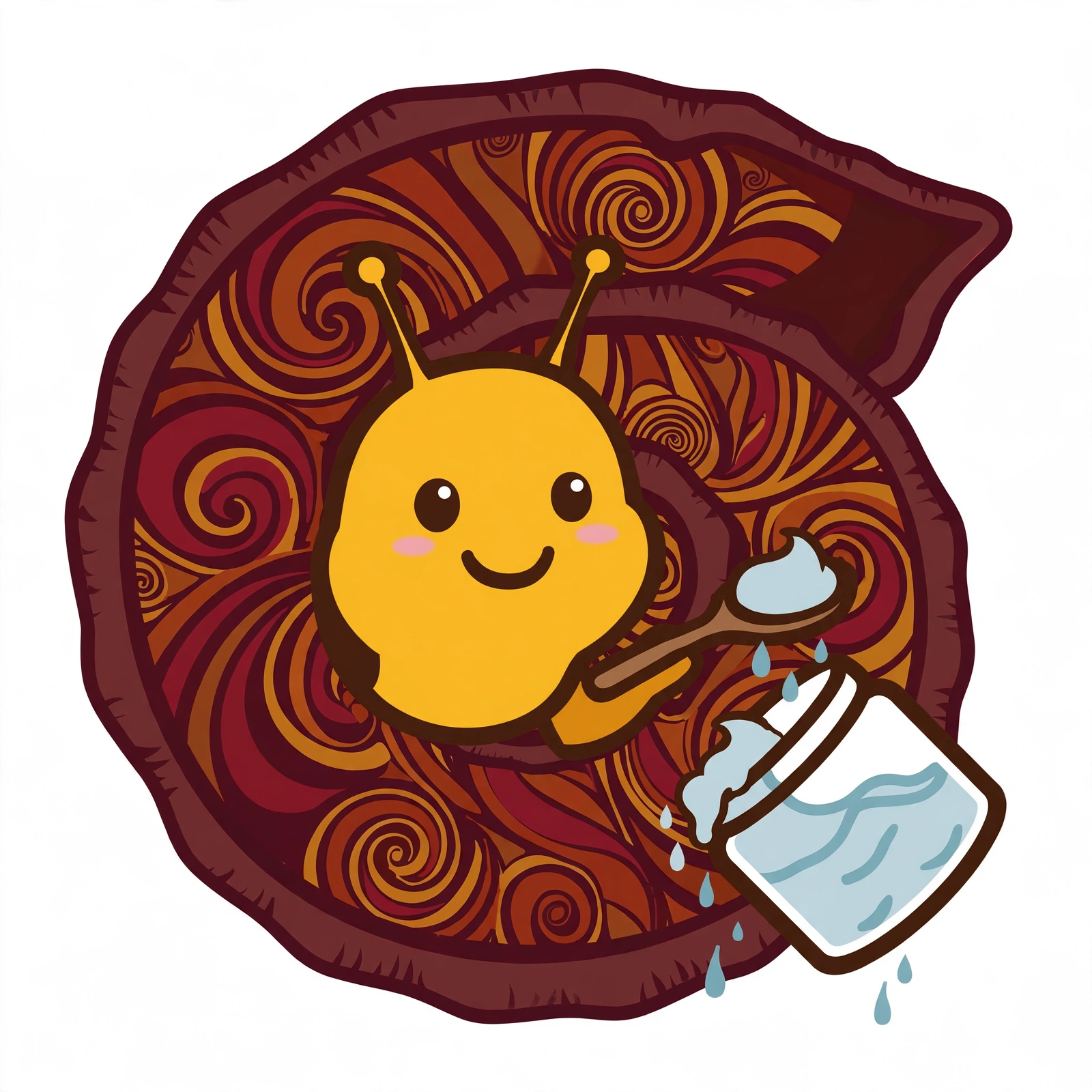 Cute bright yellow snail holding a spoon beside a tilted, dripping gel jar against a warm maroon and brown shell-shaped backdrop