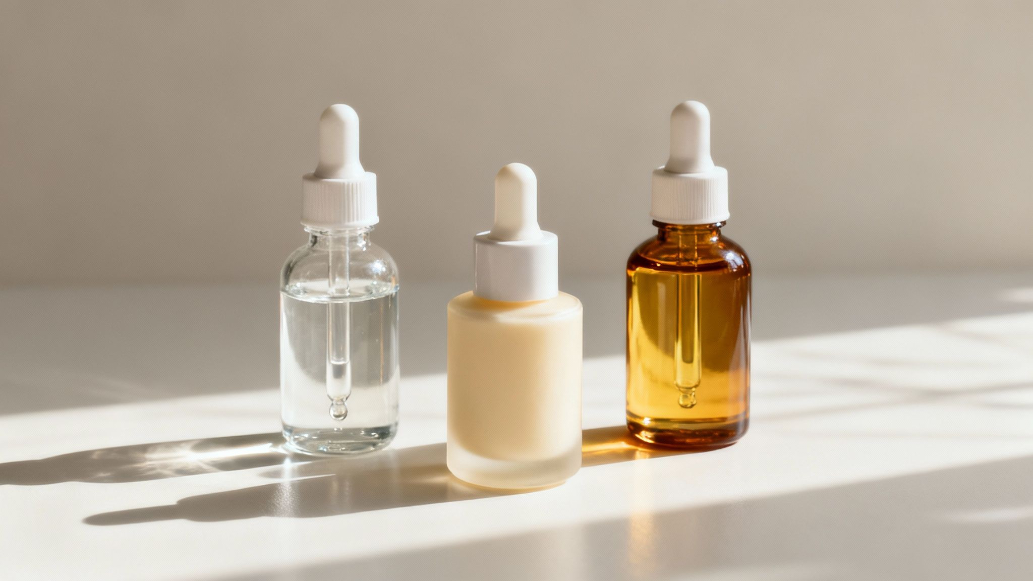 Three skincare serum bottles arranged in warm natural light
