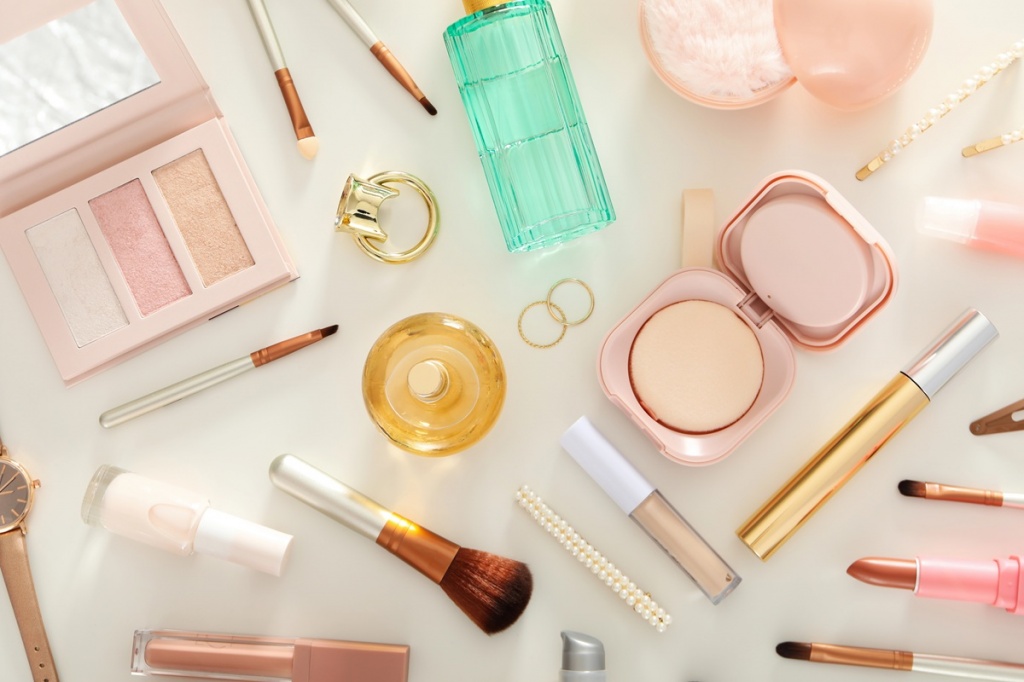 Colorful beauty products arranged together